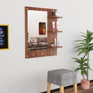 Wool & Wool Blend Wall Mount Makeup Vanity Dressing Mirror/Glass/Table and Multipurpose Rack Shelves with Elegant Double Stainless Steel Hooks (Classic Walnut)- Evelyn