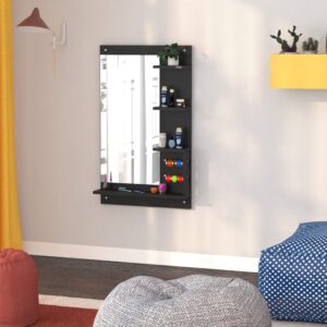 Adela Engineered Wood Wall Mount Dressing Table Vanity Mirror with Shelves and Bangle Holder- Black