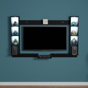 Darcy LED Light Installed Wall Mount Engineered Wood TV Entertainment Unit/Tv Rack Set to Box Stand with Wall Shelves for Living Room Black Finish (Ideal for up to 55") Screen