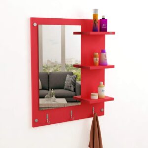 Wall Mount Makeup Vanity Dresser Dressing Mirror/Glass/Table and Multipurpose Rack Shelves with Elegant Double Stainless Steel Hooks (RED)- Evelyn