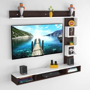 Hubert MINI Wall Mount Engineered Wood TV Entertainment Unit/Tv Rack Set to Box Stand with Wall Shelves for Living Room Flowery Wenge & Frosty White Finish (Ideal for up to 43") Screen