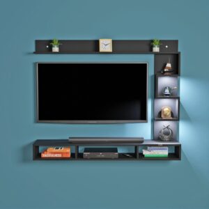 Hubert LED Light Installed Wall Mount Engineered Wood TV Entertainment Unit/Tv Rack Set to Box Stand with Wall Shelves for Living Room Black Finish (Ideal for up to 43") Screen
