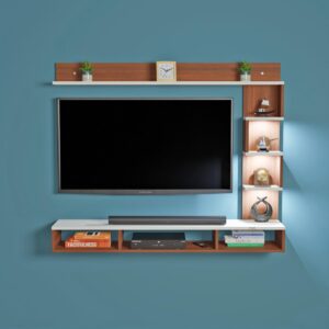 Hubert LED Light Installed Wall Mount Engineered Wood TV Entertainment Unit/Tv Rack with Wall Shelves for Living Room Classic Walnut & Frosty White (Ideal for up to 43") Screen
