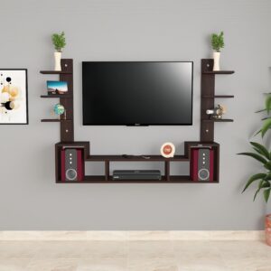 Engineered Wood Konrad Wall Mount Tv Entertainment Unit Stand Set Top Box Stand And 6 Shelf Display Rack Flowery Wenge (Ideal For Up To 43") Screen
