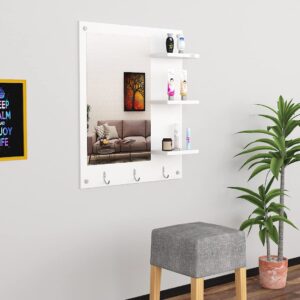 Wall Mount Makeup Vanity Dresser Dressing Mirror/Glass/Table and Multipurpose Rack Shelves with Elegant Double Stainless Steel Hooks (White)- Evelyn, Rectangular, Wall Mount