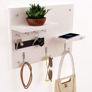 Wall Mounted Home Décor Key Chain Holder/Organizer Key Hooks with Double Wall Shelf Display Rack Frosty White (7 Hooks)- Diana