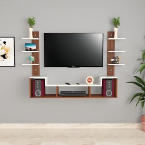 Konrad Pro Wall Mount Engineered Wood TV Entertainment Unit/Tv Rack Set to Box Stand with Wall Shelves for Living Room Classic Walnut & Frosty White Finish (Ideal for up to 43") Screen