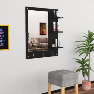 Wall Mount Makeup Vanity Dresser Dressing Mirror/Glass/Table and Multipurpose Rack Shelves with Elegant Double Stainless Steel Hooks (Black)- Evelyn