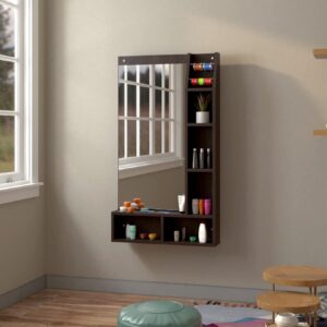 Carolina Engineered Wood Wall Mount Dressing Table Vanity Mirror with Shelves and Bangle Holder- Flowery Wenge