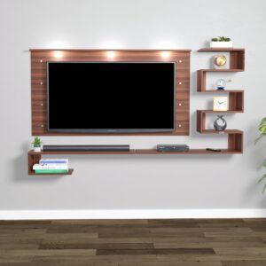 Superb LED Light Installed Wall Mount Engineered Wood TV Entertainment Unit/LED Panelwith Wall Shelves for Living Room Classic Walnut Finish (Ideal for up to 43") Screen