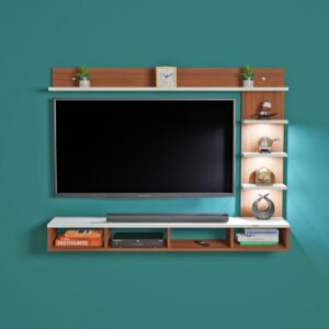 Ambience LED Light Installed Wall Mount Engineered Wood TV Entertainment Unit/Tv Rack with Wall Shelves for Living Room Classic Walnut & Frosty White (Ideal for up to 43") Screen