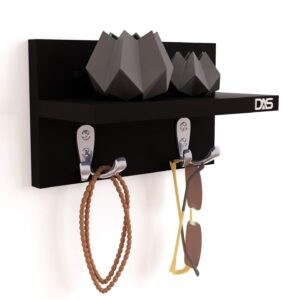 Wall Mounted Home Décor Key Chain Holder/Organizer Key Hooks with Wall Shelf Display Rack Black (4 Hooks)- WINI