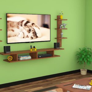 Volker Engineered Wood Wall Mount TV Entertainment Unit/with Set Top Box Stand | 6 Wall Shelf Display Rack for Living Room Classic Walnut Large (Ideal for up to 55") Screen