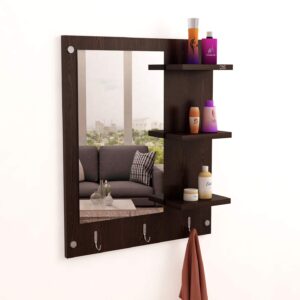 Wall Mount Makeup Vanity Dresser Dressing Mirror/Glass/Table and Multipurpose Rack Shelves with Elegant Double Stainless Steel Hooks (Wenge)- Evelyn