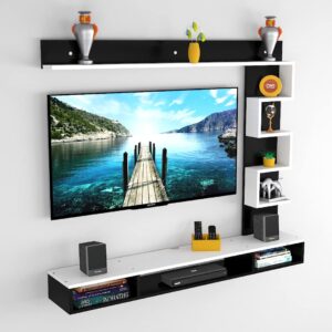 Hubert MINI Wall Mount Engineered Wood TV Entertainment Unit/Tv Rack Set to Box Stand with Wall Shelves for Living Room Black & Frosty White Finish (Ideal for up to 43") Screen