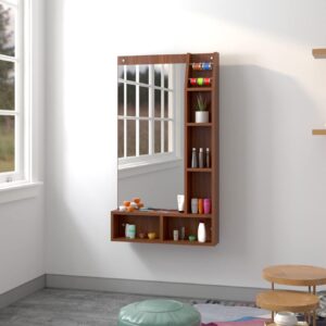 Carolina Engineered Wood Wall Mount Dressing Table Vanity Mirror With Shelves And Bangle Holder- Classic Walnut - Rectangular