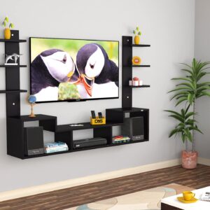Konrad Max Engineered Wood Wall Mount TV Unit with Wall Shelves Black Finish- for Up to 55" Screen