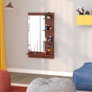 Adela Engineered Wood Wall Mount Dressing Table Vanity Mirror with Shelves and Bangle Holder- Classic Walnut
