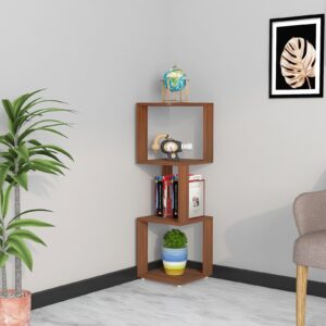Floor Standing 4 Shelves/Tier Wall Corner Shelf/Display Rack for Home Decor Living Room and Office Walls Classic Walnut - Romana