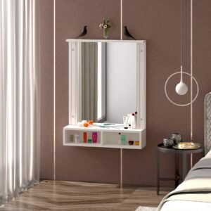 Bárbara Engineered Wood Wall Mount Dressing Table Vanity Mirror with Storage Shelves -Frosty White