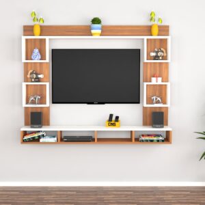 ZINDEL Mini Wall Mount Engineered Wood TV Entertainment Unit with Wall Shelves for Living Room Classic Walnut & Frosty White Finish (Ideal for up to 32") Screen