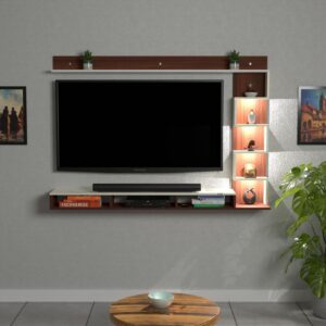 Aaron LED Light Installed Wall Mount Engineered Wood TV Entertainment Unit/Tv Rack with Wall Shelves for Living Room Classic Walnut & Frosty White (Ideal for up to 43")