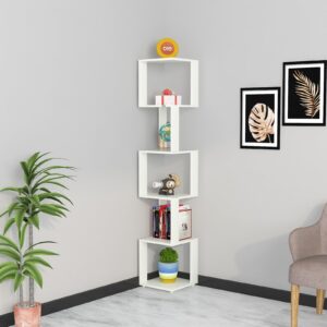 Engineered Wood Floor Standing 6 Tier Wood Finish Corner Shelf Display Rack (Frosty White)