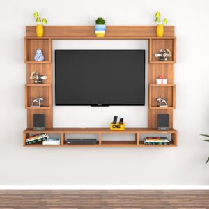 ZINDEL MINI Wall Mount Engineered Wood TV Entertainment Unit/Tv Rack Set to Box Stand with Wall Shelves for Living Room Classic Walnut Finish (Ideal for up to 32") Screen