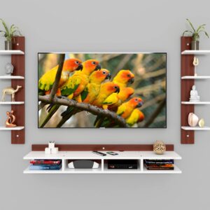 Harald Engineered Wood Wall Mount TV & Entertainment Unit Stand with Wall Shelves Classic Walnut & Frosty White Finish- Ideal for Up to 55" Screen