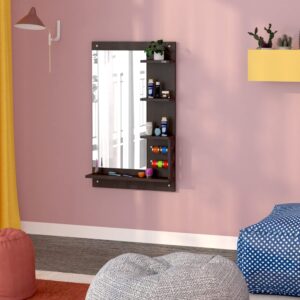 Adela Engineered Wood Wall Mount Dressing Table Vanity Mirror with Shelves and Bangle Holder- Flowery Wenge