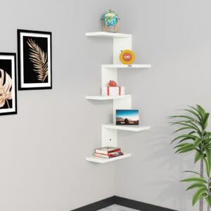 Rikard Engineered Wood Wall Mount Corner Shelf Display Rack Unit for Living Room- Frosty White