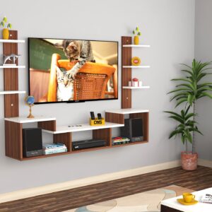 Konrad Max Engineered Wood Wall Mount TV Unit with Wall Shelves Classic Walnut & Frosty White Finish- for Up to 55" Screen