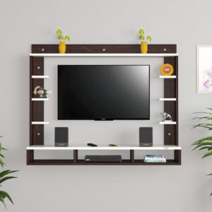 Decker Wall Mount Engineered Wood TV Entertainment Unit/Tv Rack Set to Box Stand with Wall Shelves for Living Room Flowery Wenge & Frosty White Finish (Ideal for up to 32") Screen