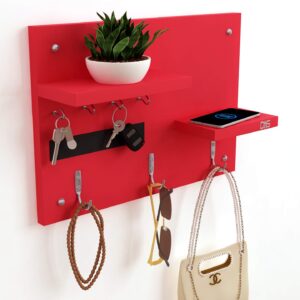 Wall Mounted Home Décor Key Chain Holder/Organizer Key Hooks with Double Wall Shelf Display Rack Red (7 Hooks)- Diana
