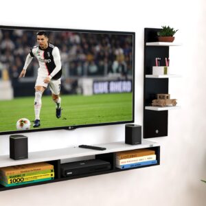 Engineered Wood Wall Mount TV Entertainment Unit with Set Top Box Stand and 3 Wall Shelves , Ideal for up to 48" Screen- Bolivar (Black , White)