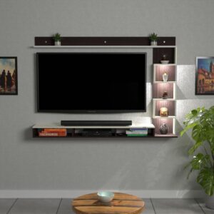 Aaron LED Light Installed Wall Mount Engineered Wood TV Entertainment Unit/Tv Rack Set to Box Stand with Wall Shelves for Living Room Wenge & Frosty White Finish - upto 43" TV