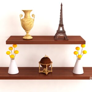 Contemporary Style Wall Mounted Engineered Wood Wall Décor Shelf/Shelves Display Rack for Living Room Classic Walnut (2 Shelves)- Quill