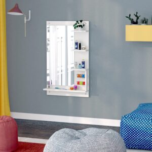 Adela Engineered Wood Wall Mount Dressing Table Vanity Mirror with Shelves and Bangle Holder- Frosty White