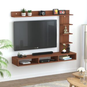 AMBIENCE MINI Wall Mount Engineered Wood TV Entertainment Unit/Tv Rack Set to Box Stand with Wall Shelves for Living Room Classic Walnut Finish (Ideal for up to 43") Screen