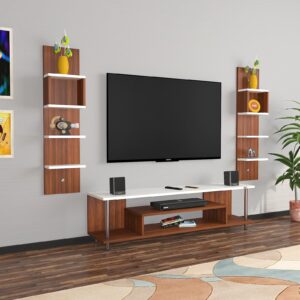 Calix Engineered Wood Freestanding TV Entertainment Unit/Tv Rack Set to Box Stand with Wall Shelves for Living Room (Ideal for up to 55") Screen Classic Walnut & Frosty White Finish