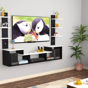 Konrad Max Engineered Wood Wall Mount TV Unit with Wall Shelves Black & Frosty White Finish- for Up to 55" Screen