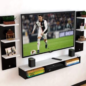 Engineered Wood Wall Mount TV Entertainment Unit with Set Top Box Stand and 6 Wall Shelves - Ideal for up to 48" (Black and White )