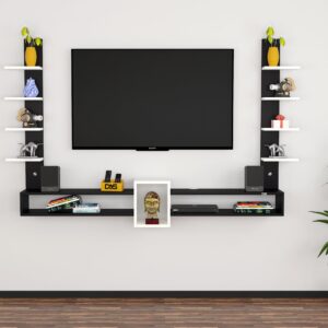 Rudolf Engineered Wood Wall Mount TV Entertainment Unit/Tv Rack Set to Box Stand with Wall Shelves for Living Room Black & Frosty White (Ideal for up to 65") Screen