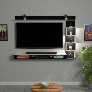 Aaron LED Light Installed Wall Mount Engineered Wood TV Entertainment Unit/Tv Rack Set to Box Stand with Wall Shelves for Living Room Black & Frosty White Finish up to 43" Screen