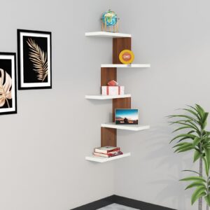 Rikard Engineered Wood Wall Mount Corner Shelf Display Rack Unit for Living Room- Classic Walnut & Frosty White
