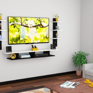 Volker Wall Mount TV Entertainment Unit/with Set Top Box Stand and Wall Shelf Display Rack for Living Room Black & White (Ideal for up to 55") Screen