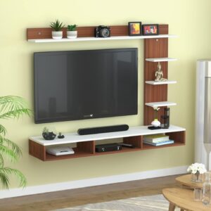 AB-CW-WH-32 Wall Mount TV Entertainment Unit Set Top Box Stand with Shelves for Living Room in Classic Walnut & Frosty White Finish- Ideal for up to 32" Screen