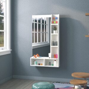 Carolina Engineered Wood Wall Mount Dressing Table Vanity Mirror with Shelves and Bangle Holder- Frosty White, Rectangular, Framed