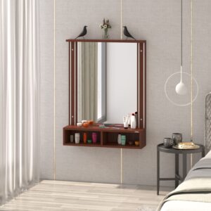 Bárbara Engineered Wood Wall Mount Dressing Table Vanity Mirror With Storage Shelves - Classic Walnut, Rectangular, Framed