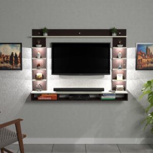 Stark LED Light Installed Wall Mount Engineered Wood TV Entertainment Unit/Tv Rack Set to Box Stand with Wall Shelves Flowery Wenge & Frosty White Finish (Ideal for up to 43") Screen